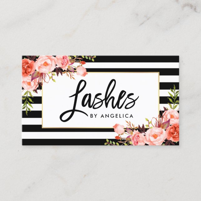 Brush Script Coral Floral Lashes Striped Business Card (Front)