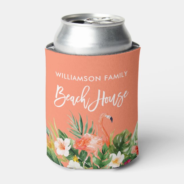 Brush Script Coral Tropical Floral Beach House Can Cooler (Can Front)