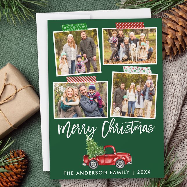 Brush Script Craft Tape Christmas Red Truck Holiday Card (Customize to add text or more photos to back or to change background color of card.)