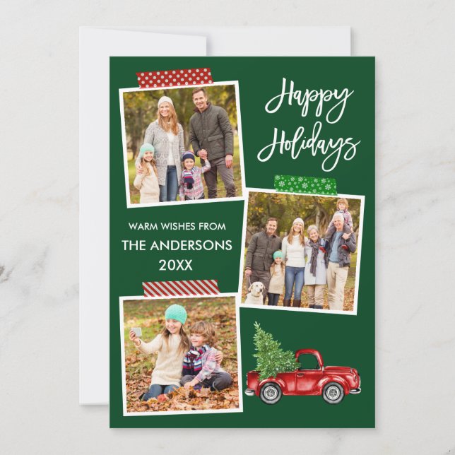 Brush Script Craft Tape Vintage Red Truck Holiday Card (Front)