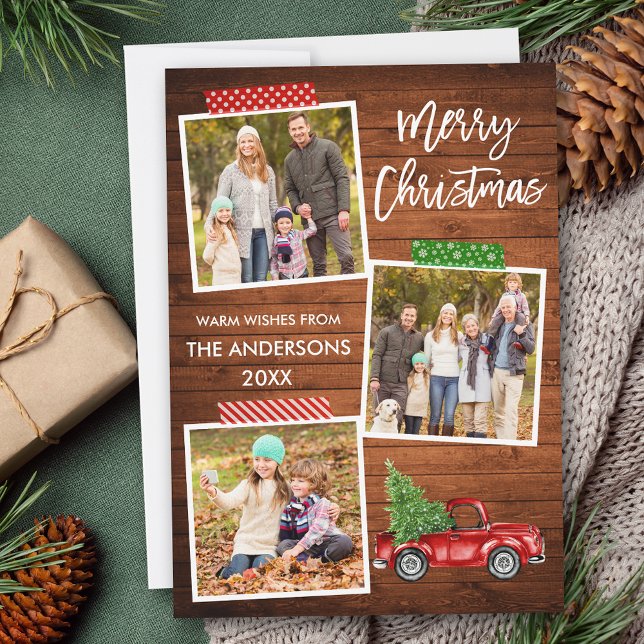 Brush Script Craft Tape Wood Truck Christmas Holiday Card (Customize to add text or more photos to back of card.)