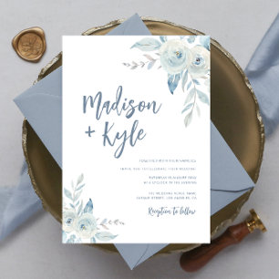 brush script dusty blue floral wedding invitation