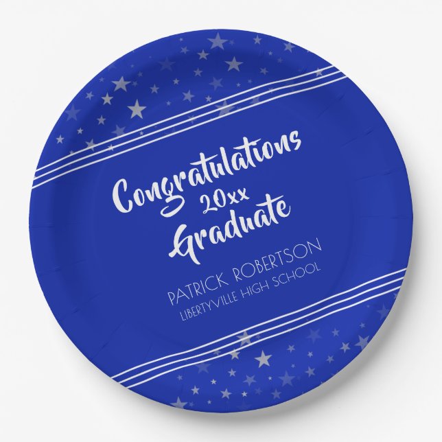 Brush Script | Editable Royal Blue | Graduation Paper Plate (Front)