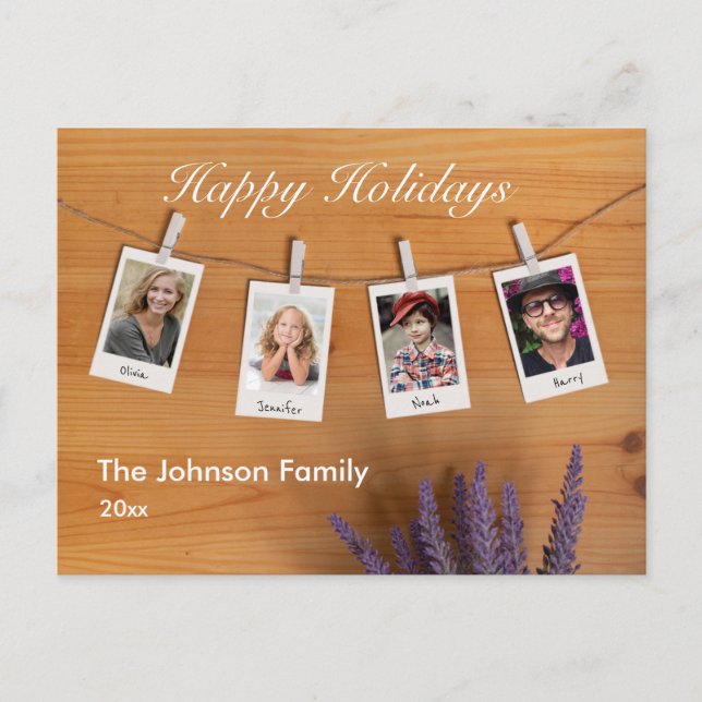 Brush Script Family 4 Photo Happy Holidays Holiday Postcard (Front)
