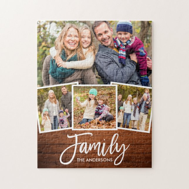 Brush Script Family 4 Photo Rustic Wood Print Jigsaw Puzzle (Vertical)