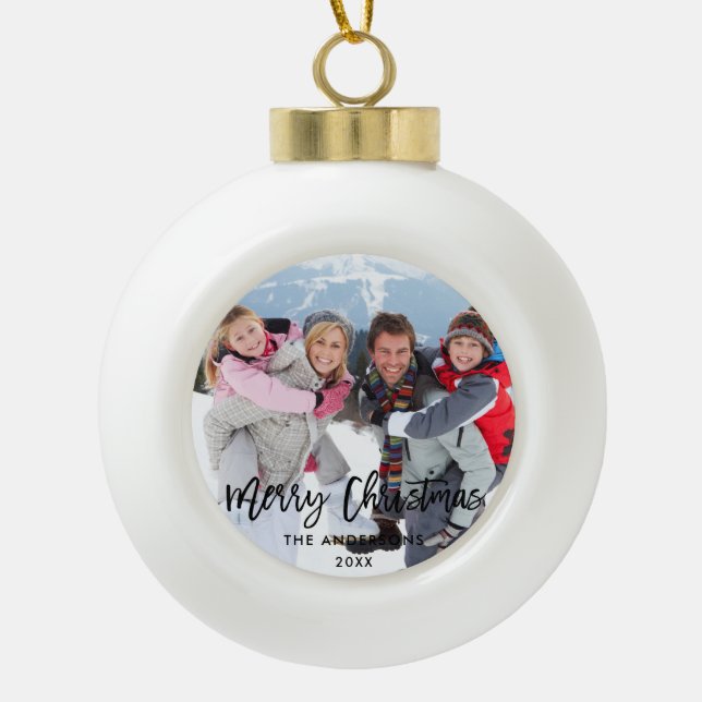 Brush Script Family Photo Merry Christmas Ceramic Ball Christmas Ornament (Front)