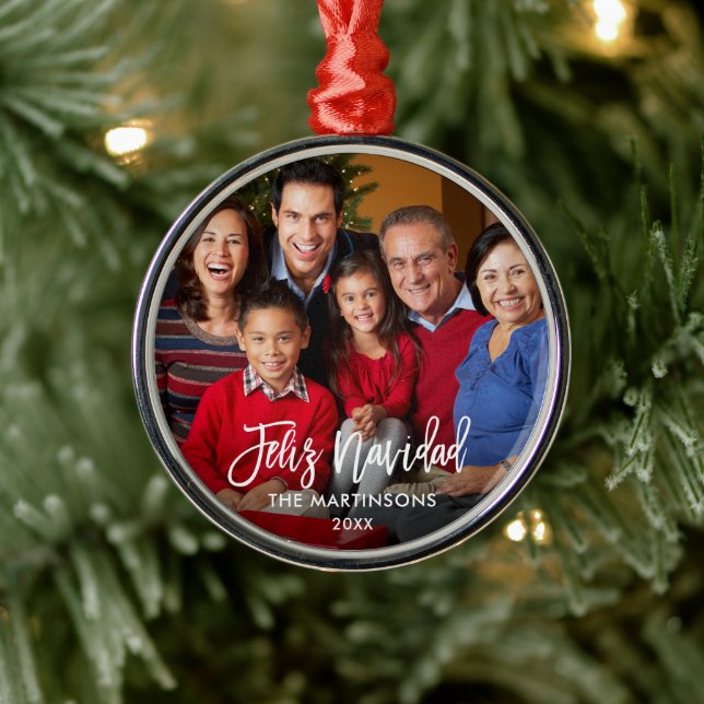 Brush Script Feliz Navidad Photo Metal Tree Decoration (Tree)