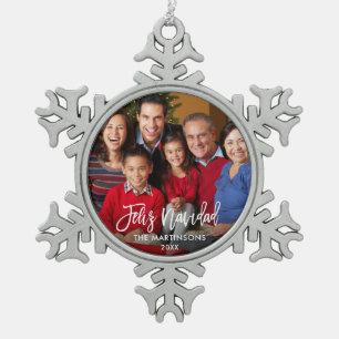 Brush Script Feliz Navidad Photo Snowflake Pewter Christmas Ornament