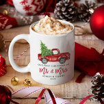 Brush Script First Christmas Mr. Mrs. Red Truck Coffee Mug<br><div class="desc">Modern Brush Script Our First Christmas as Mr. and Mrs. Watercolor Vintage Red Truck with Christmas Tree Coffee Mug - Red and Green</div>