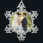 Brush Script First Christmas Mr. & Mrs. Wedding Snowflake Pewter Christmas Ornament<br><div class="desc">Modern Brush Script Our First Christmas as Mr. & Mrs. Wedding Photo Ornament</div>