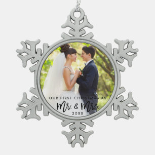 Brush Script First Christmas Mr. & Mrs. Wedding Snowflake Pewter Christmas Ornament