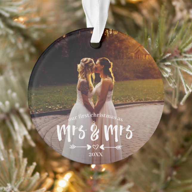Brush Script First Christmas Mrs Mrs Photo Ornament (Tree)
