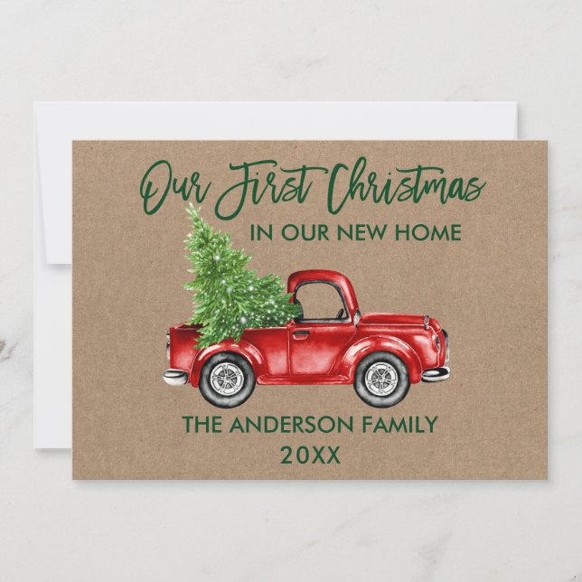 Brush Script First Christmas New Home Truck Kraft Holiday Card (Front)