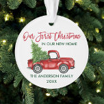 Brush Script First Christmas New Home Truck Ornament<br><div class="desc">Modern Brush Script Our First Christmas in our New Home Ornament includes Watercolor Vintage Red Truck with Christmas Tree</div>