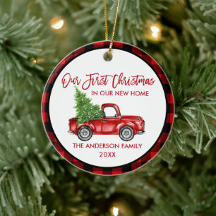 Brush Script First Christmas New Home Truck Plaid Ceramic Tree Decoration