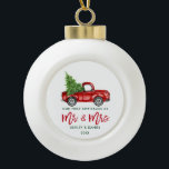Brush Script First Christmas Red Truck Ceramic Ball Christmas Ornament<br><div class="desc">Modern Green Brush Script Our First Christmas as Mr. and Mrs. - Watercolor Vintage Red Truck Ornament</div>