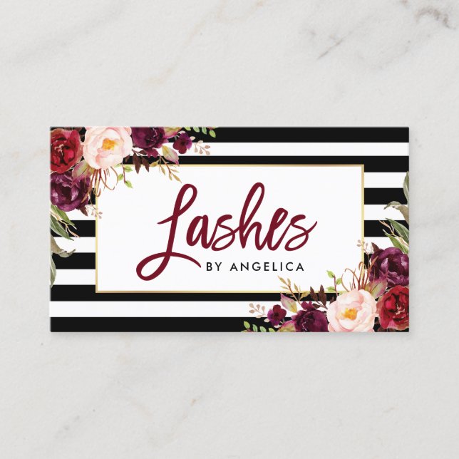 Brush Script Floral Burgundy Lashes Striped Business Card (Front)