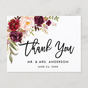 Brush Script Floral Burgundy Wedding Thank You Postcard