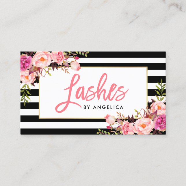 Brush Script Floral Pink Lashes Striped Business Card (Front)