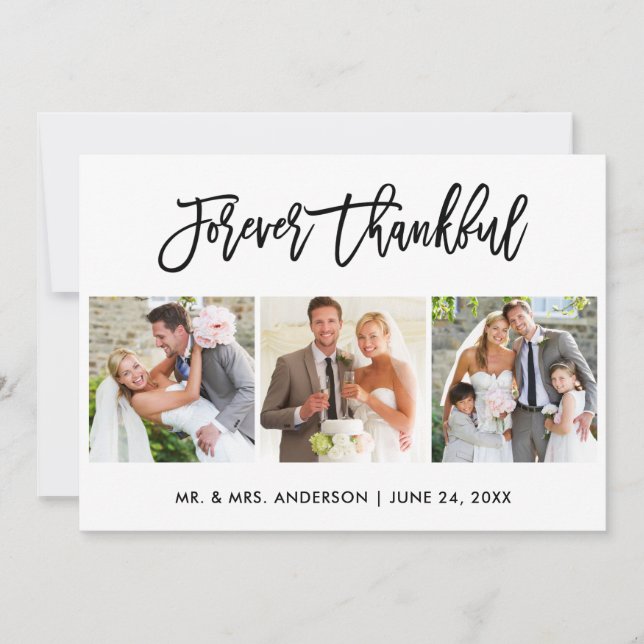 Brush Script Forever Thankful 3 Photo Wedding Thank You Card (Front)