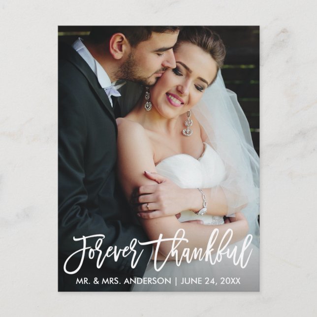 Brush Script Forever Thankful Wedding Photo Modern Postcard (Front)