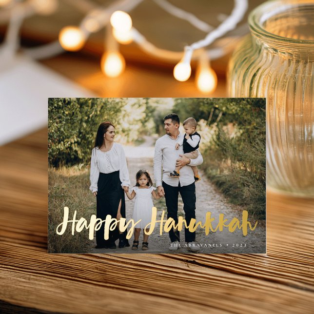 Brush Script Full Photo Hanukkah Foil Holiday Card (Creator Uploaded)