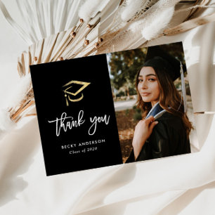 Brush script gold cap graduation thank you postcard