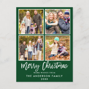 Brush Script Green Family 4 Photo Christmas Postcard