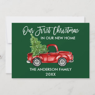 Brush Script Green First Christmas New Home Truck Holiday Card