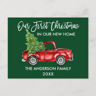 Brush Script Green First Christmas New Home Truck Postcard