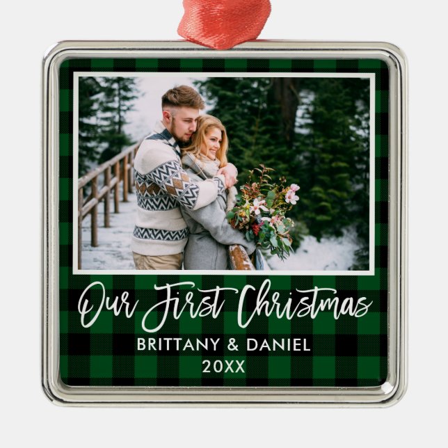 Brush Script Green Plaid Couple First Christmas Metal Tree Decoration (Front)