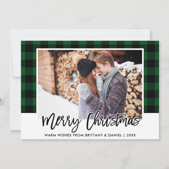 Brush Script Green Plaid Couple Photo Christmas Holiday Card (Front)
