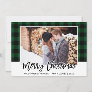 Brush Script Green Plaid Couple Photo Christmas Holiday Card