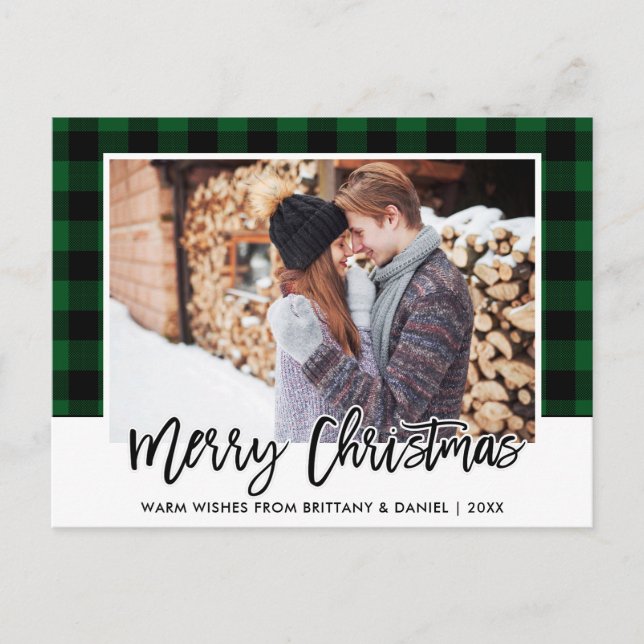 Brush Script Green Plaid Couple Photo Christmas Postcard (Front)