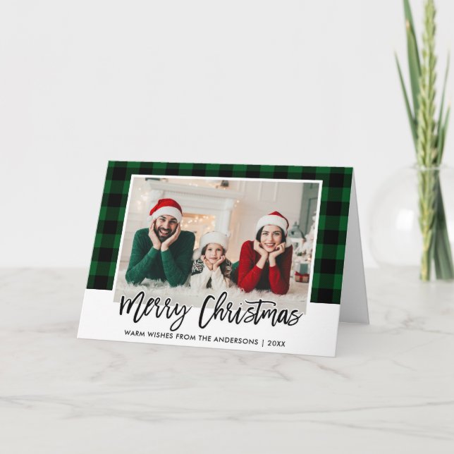 Brush Script Green Plaid Family Photo Christmas Holiday Card (Front)