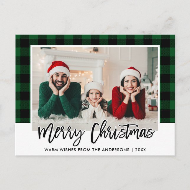 Brush Script Green Plaid Family Photo Christmas Postcard (Front)