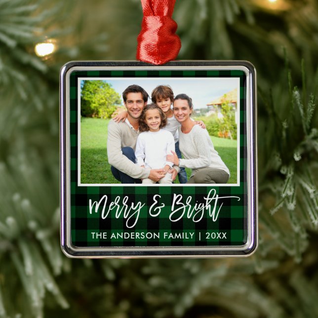 Brush Script Green Plaid Merry and Bright Family Metal Tree Decoration (Tree)