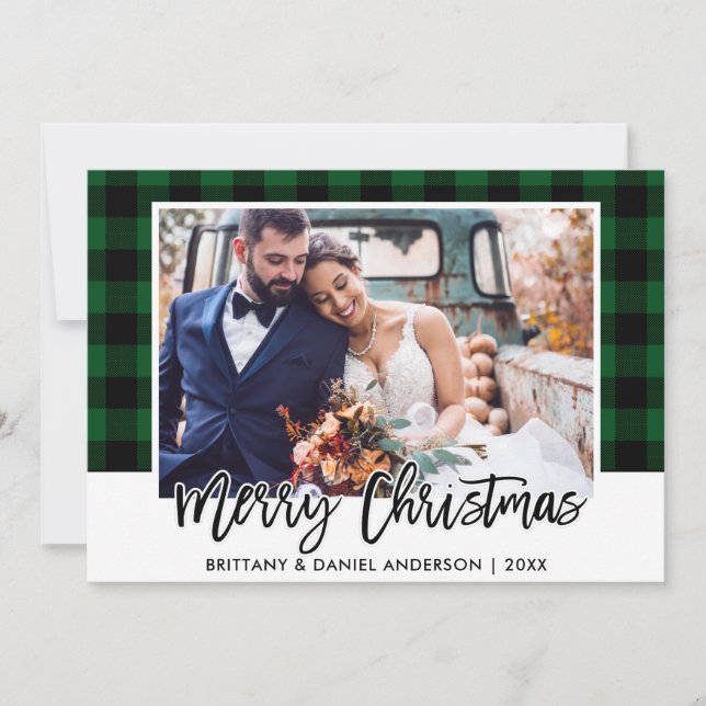 Brush Script Green Plaid Wedding Photo Christmas Holiday Card (Front)