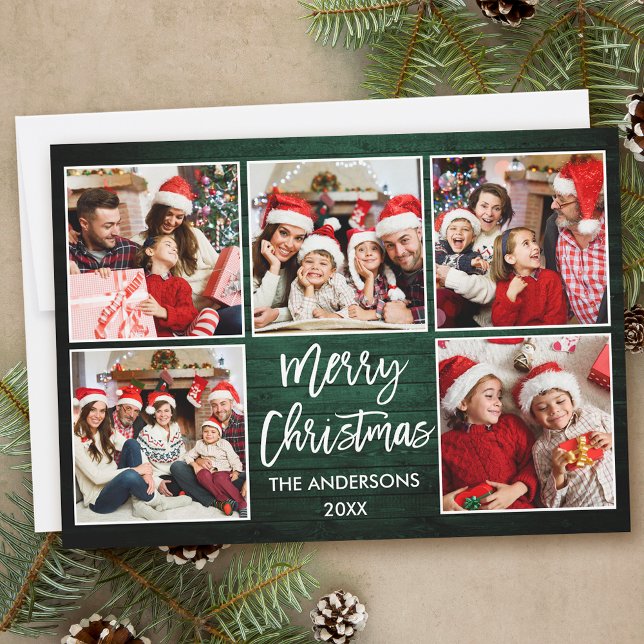 Brush Script Green Wood Christmas 5 Photo Holiday Card (Customize to add text to back of card.)