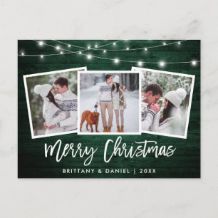 Brush Script Green Wood Lights 3 Photo Christmas Postcard