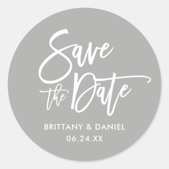 Brush Script Grey Save The Date Envelope Seals (Front)