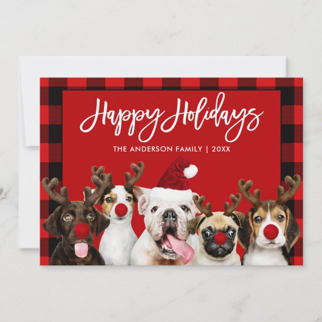 Brush Script Happy Holidays Dogs Red Plaid Holiday Card (Front)