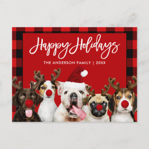 Brush Script Happy Holidays Dogs Red Plaid Postcard