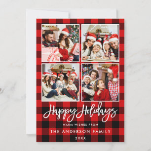 Brush Script Happy Holidays Red Plaid 4 Photo Holiday Card