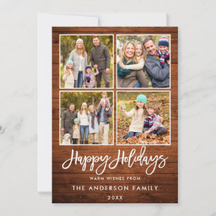 Brush Script Happy Holidays Rustic Wood 4 Photo Holiday Card