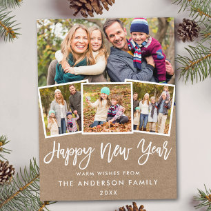 Brush Script Happy New Year 4 Photo Kraft Postcard