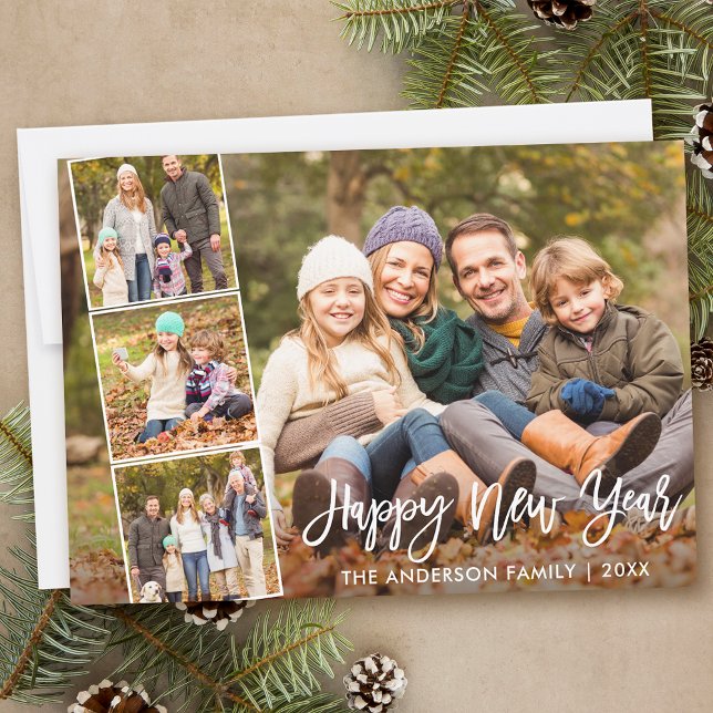Brush Script Happy New Year Family 4 Photo Holiday Card (Customize to add text to back of card.)