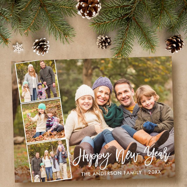 Brush Script Happy New Year Family 4 Photo Postcard (Customize to change your personalized text size or text style.)