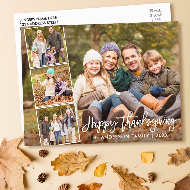 Brush Script Happy Thanksgiving Family 4 Photo Postcard (Customize to change your personalized text size or text style.)