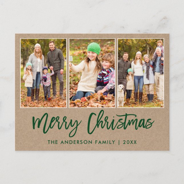 Brush Script Kraft 3 Photo Christmas Postcard (Front)